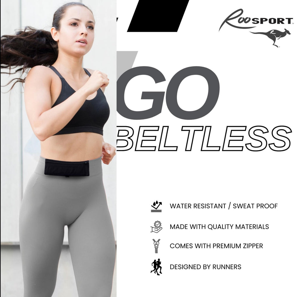 Gray RooSport clipped to a waistband with magnets, no belt needed