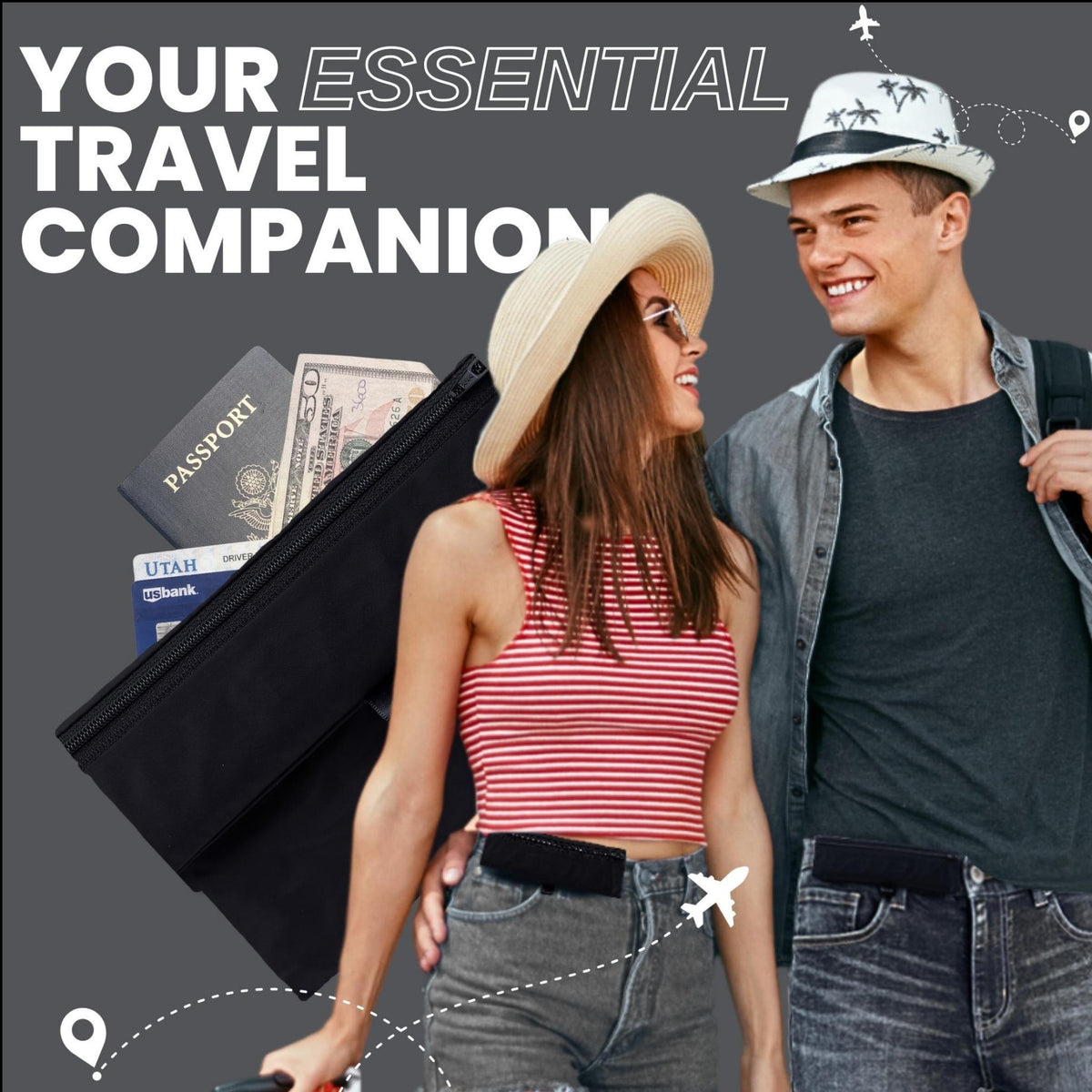 Gray RooSport as a travel pocket for passport, cash and cards
