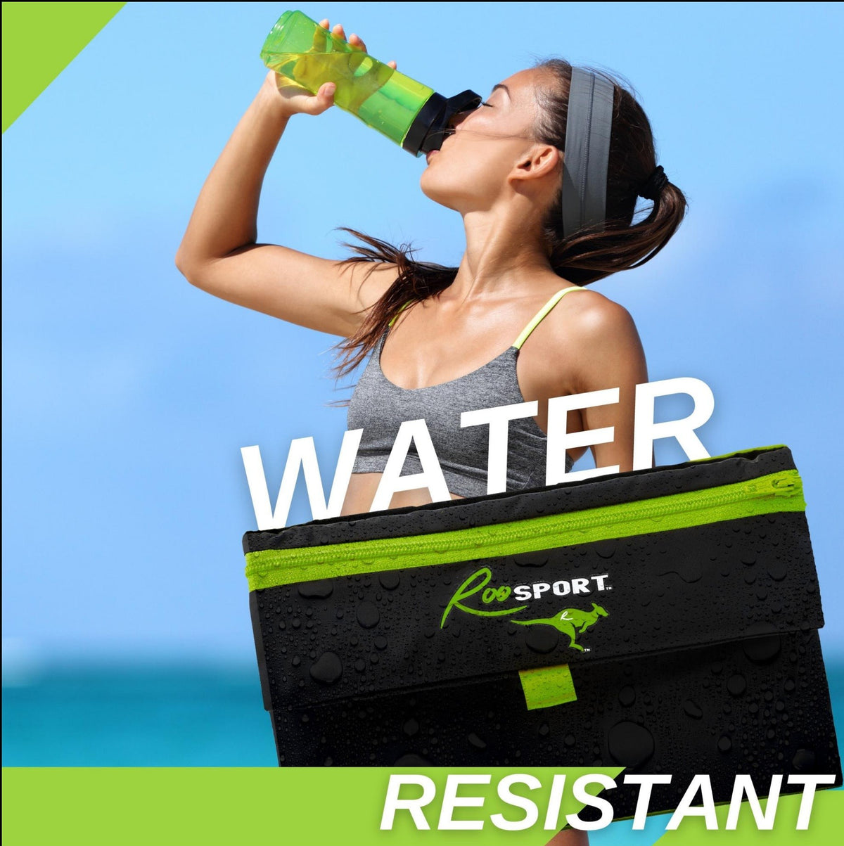 Neon green RooSport Large with waterproof fabric that protects your phone from sweat and rain