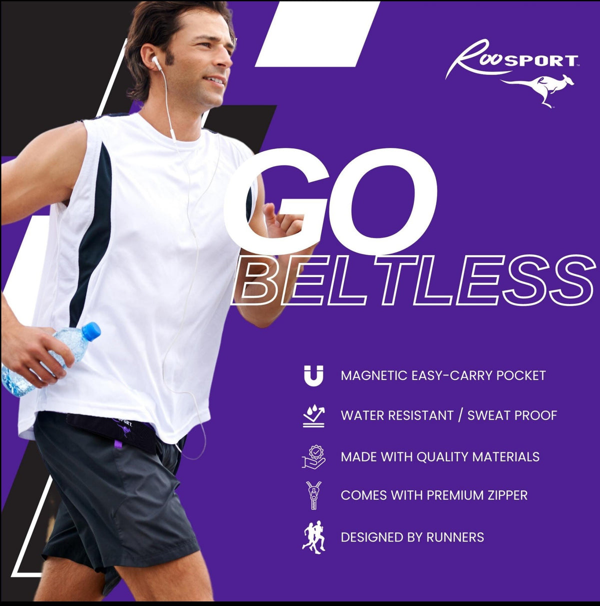 Purple RooSport clipped to a waistband with magnets, no belt needed