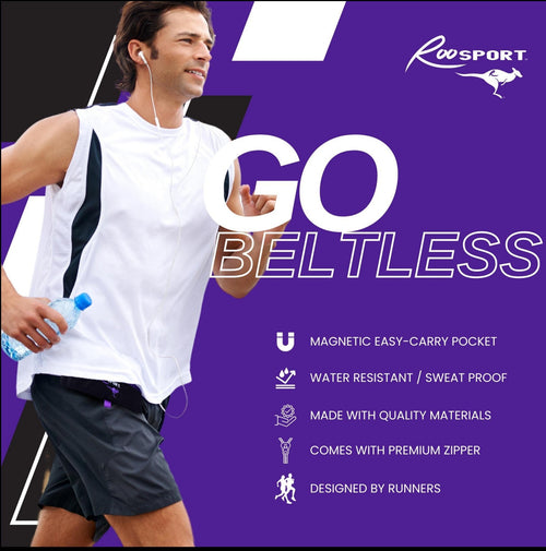 Purple RooSport clipped to a waistband with magnets, no belt needed