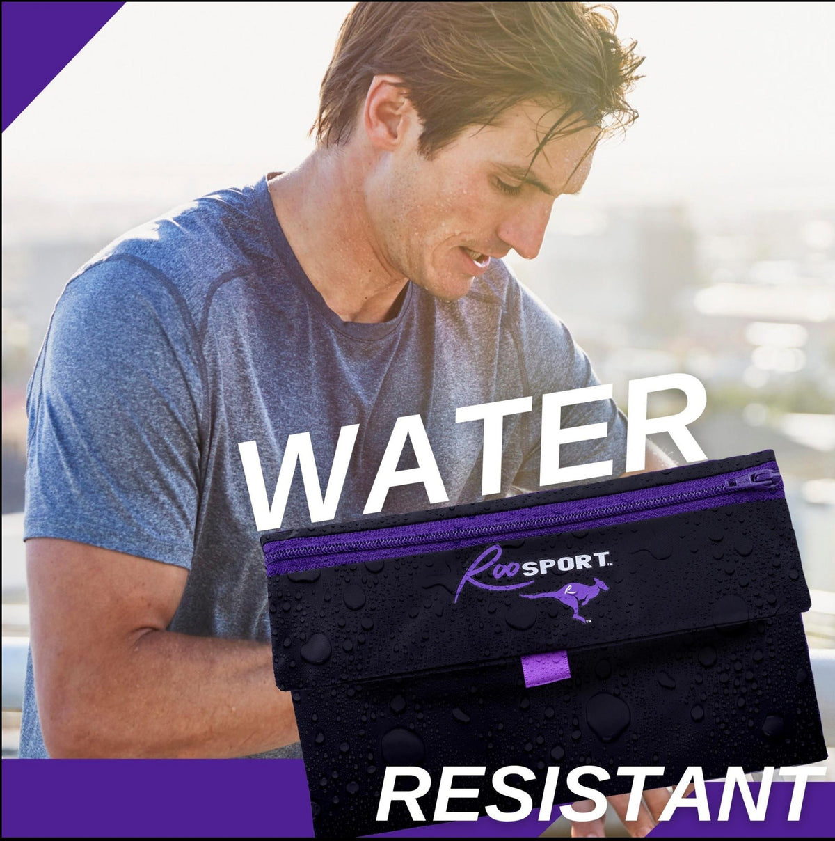 Purple RooSport Large with waterproof fabric that protects your phone from sweat and rain