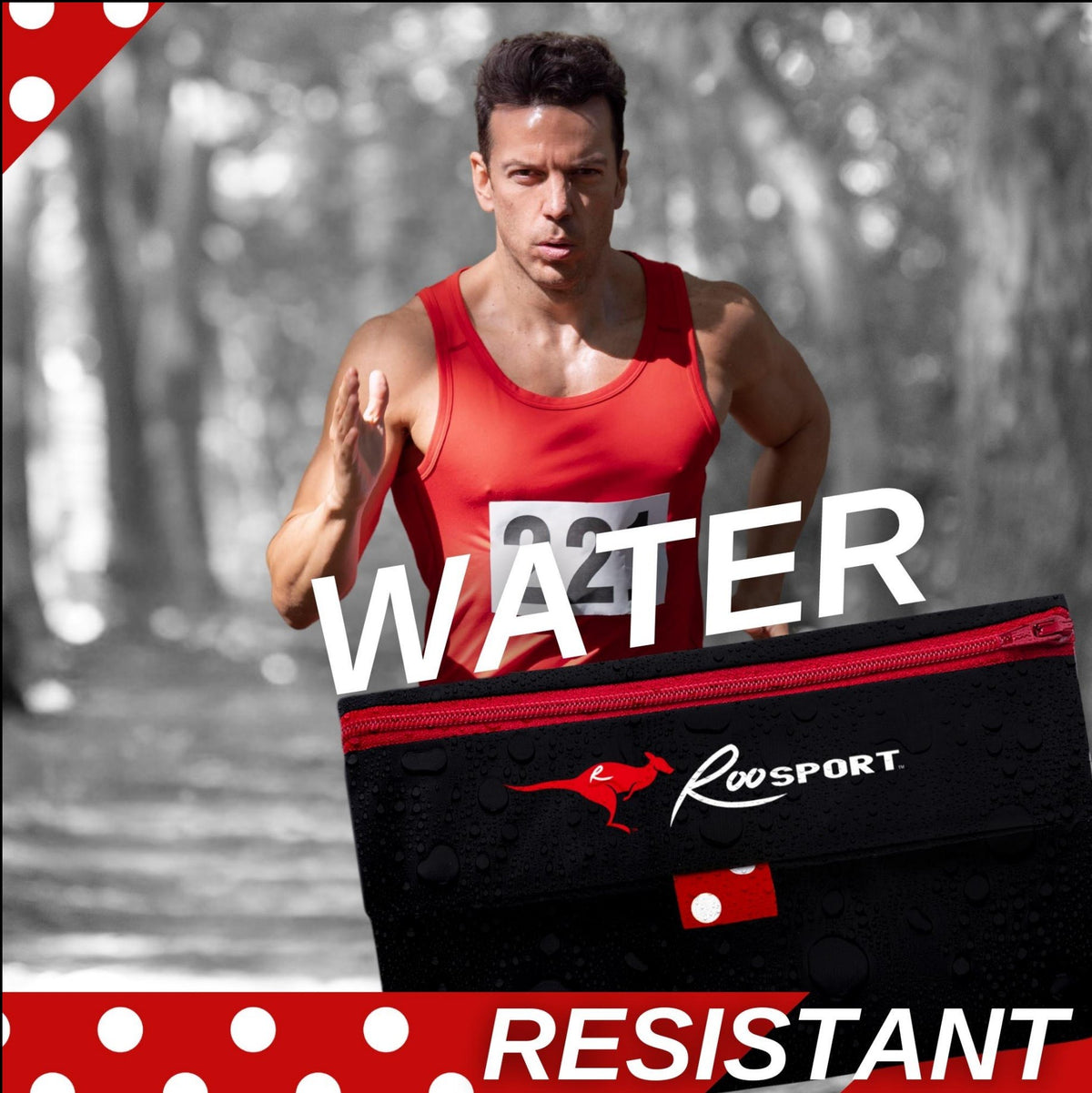 Red polka dot RooSport with waterproof fabric that protects your phone from sweat and rain