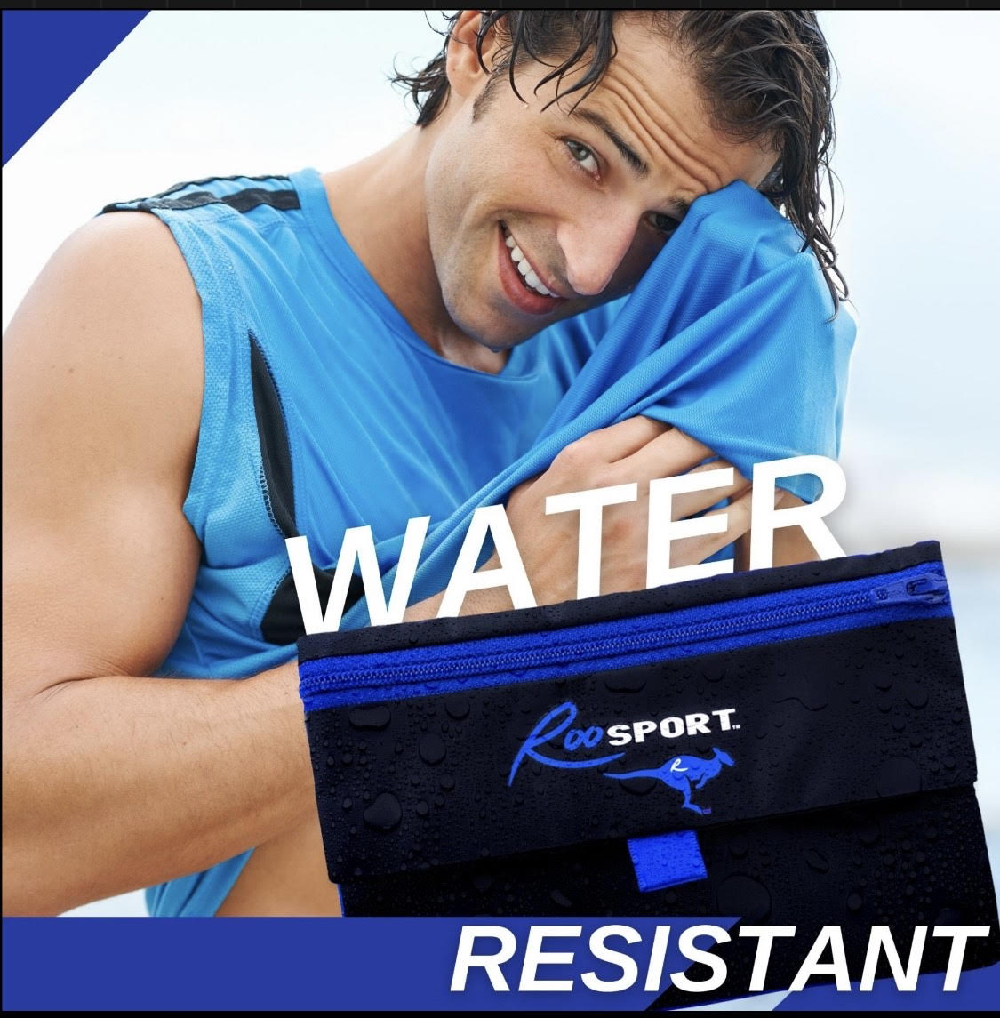 Blue RooSport with waterproof fabric that protects your phone from sweat and rain