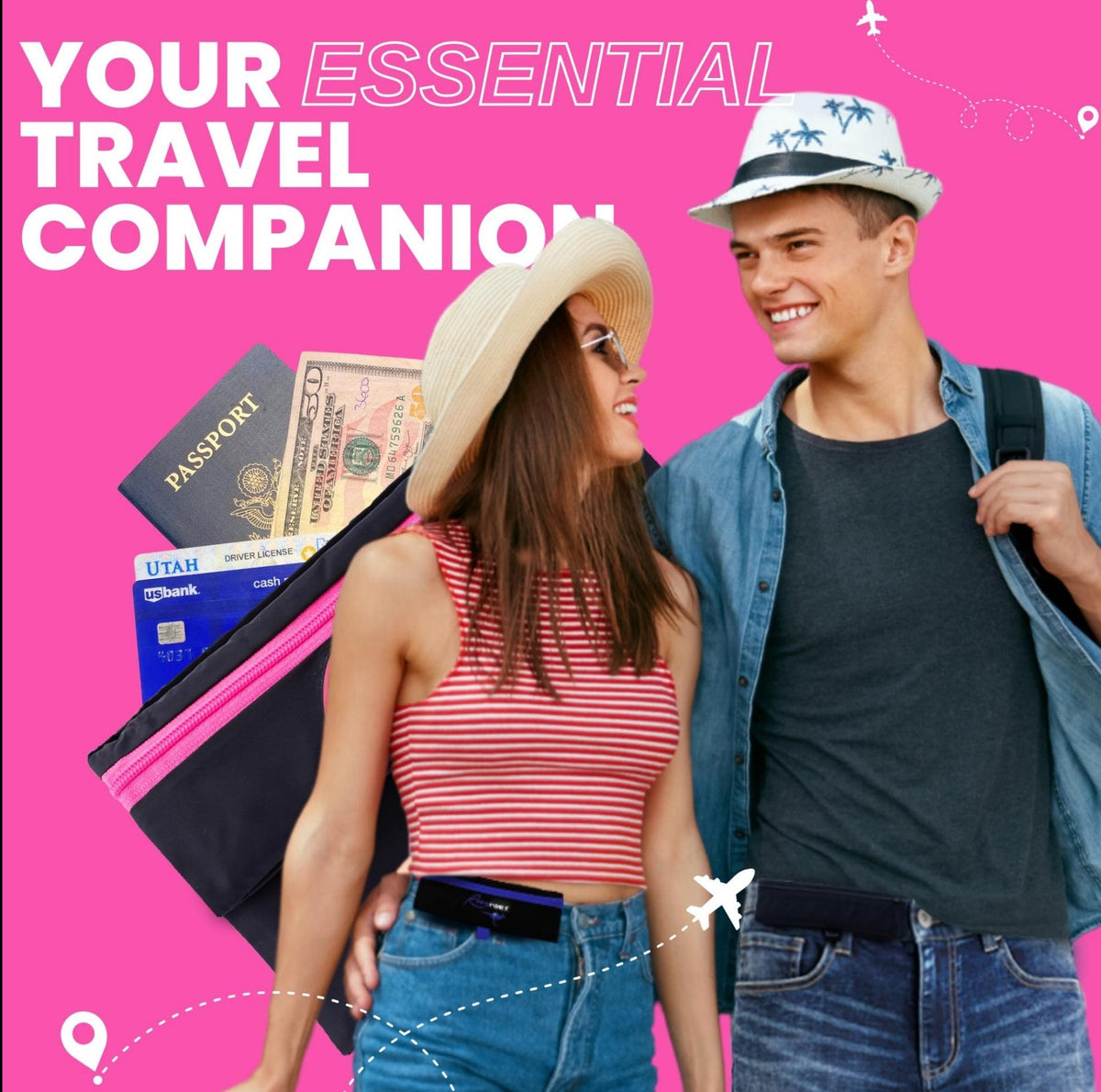 Pink RooSport as a travel pocket for passport, cash and cards