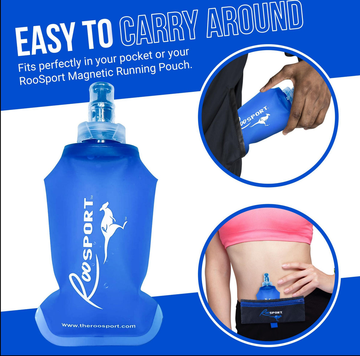 Collapsible water bottle fits in a pocket or RooSport