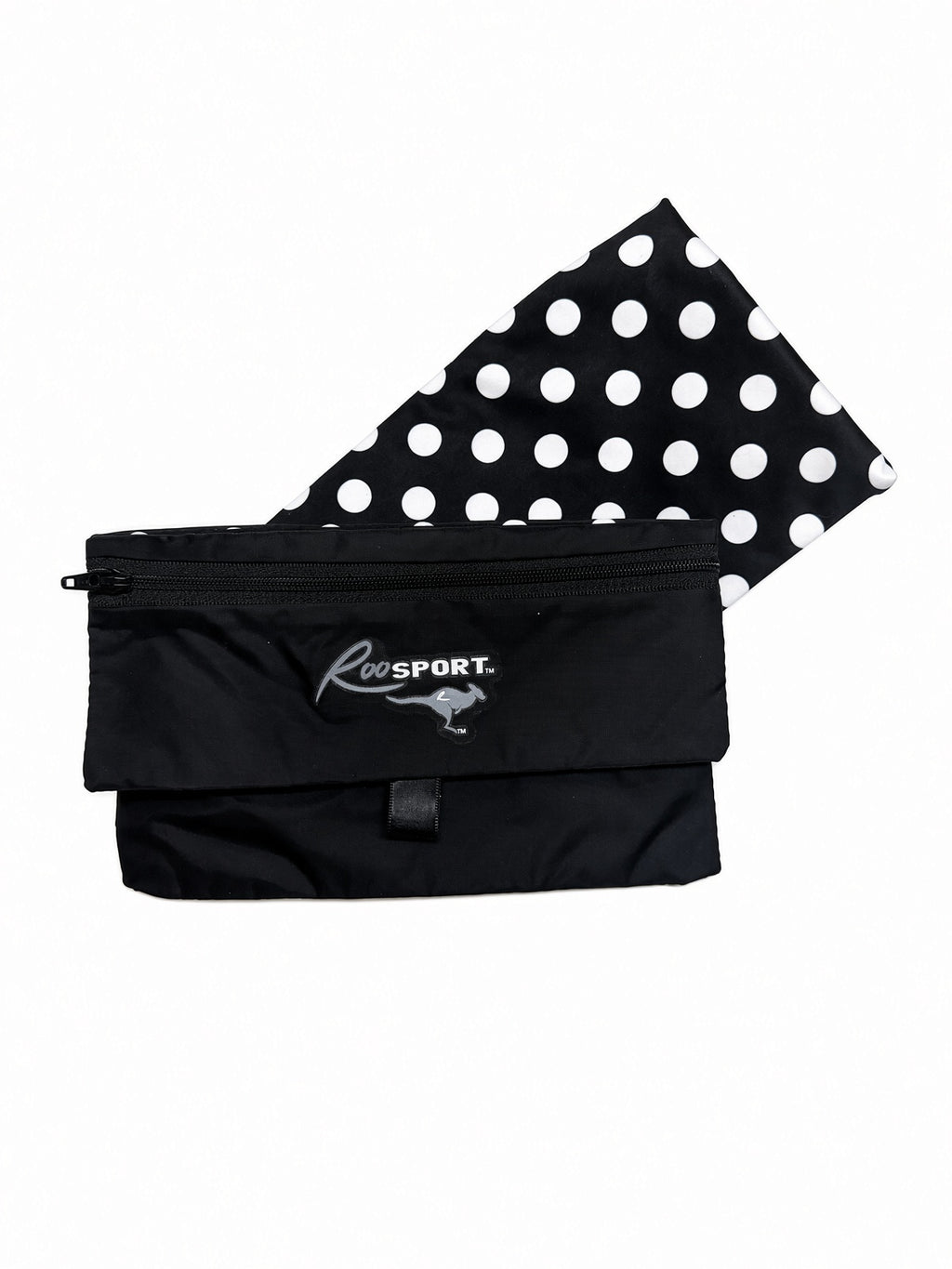 Theme Park RooSport Small in black with white polka dots, black zipper flap and RooSport logo