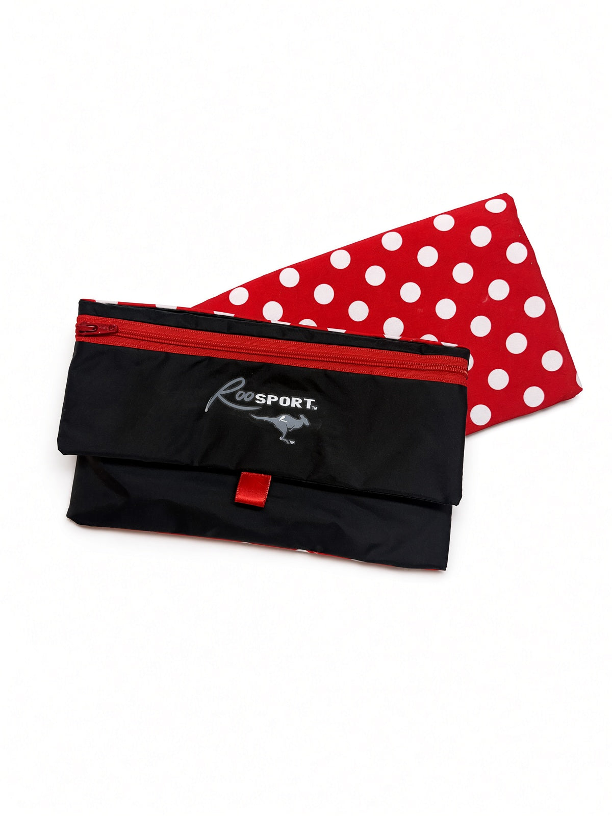 Theme Park RooSport Small in red with white polka dots, black flap with red zipper and RooSport logo