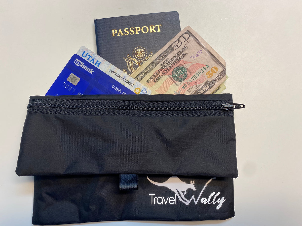 Travel Wally holding a passport, cash, credit cards and driver's license