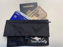 Travel Wally holding a passport, cash, credit cards and driver's license